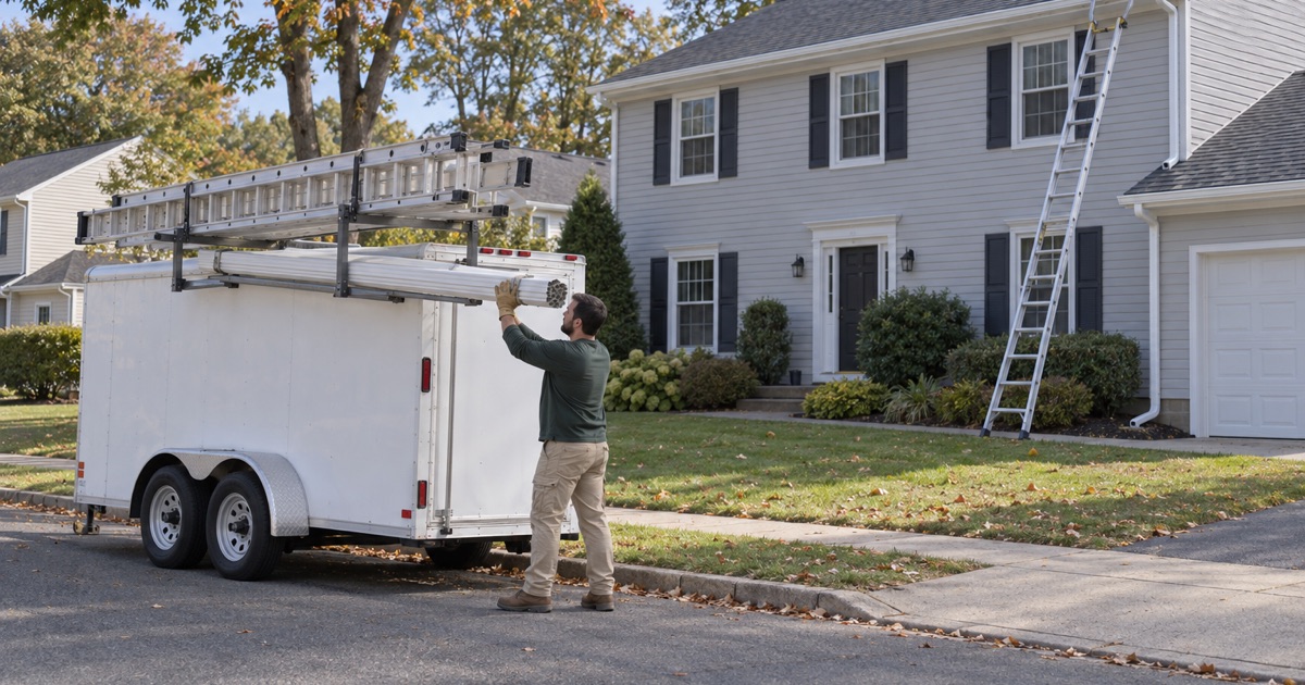 A gutter installer sliding a bundle of new downspout lengths onto the rack of a work trailer at a Howell job.