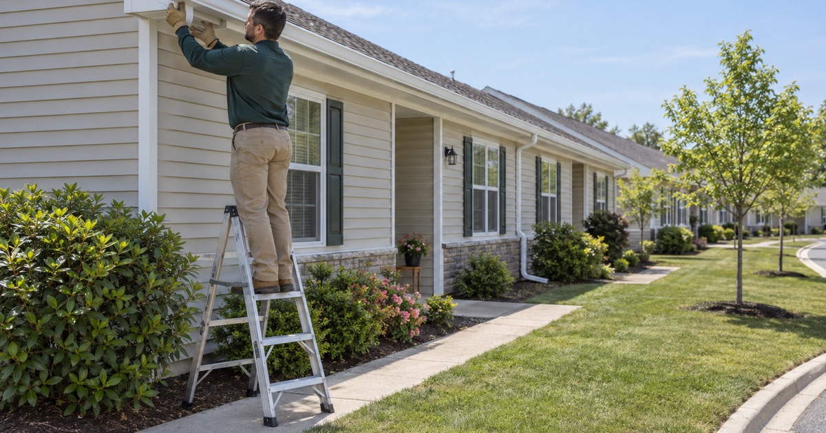 A gutter end cap being replaced at the end unit of a building of attached ranch homes in a Howell adult community.