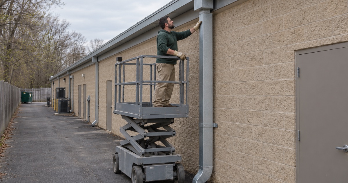 An oversized leader being seated under the box gutter of a one-story shopping strip along a highway in Howell.