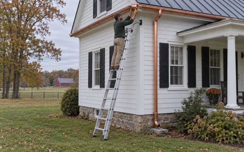 A copper miter being fitted at the corner of a half-round copper gutter on an older white farmhouse in Howell.