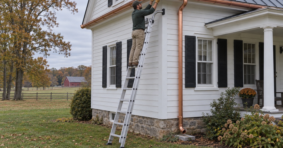 A copper miter being fitted at the corner of a half-round copper gutter on an older white farmhouse in Howell.