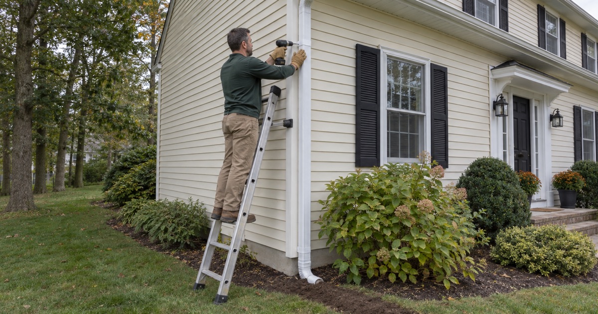 A new downspout being strapped to the corner of a Howell colonial above a buried drain line.