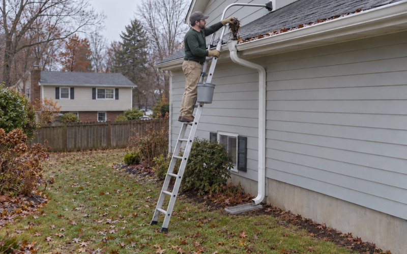 A packed plug of leaves and twigs being pulled out of a gutter outlet on a Howell split-level, rainwater standing in the trough behind it.