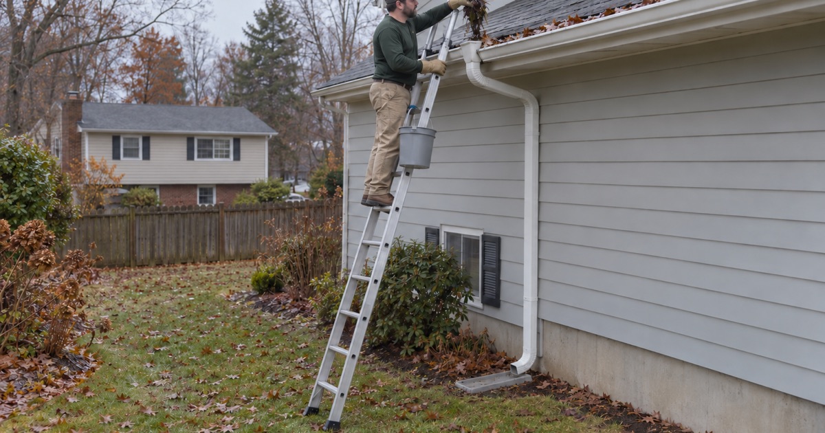 A packed plug of leaves and twigs being pulled out of a gutter outlet on a Howell split-level, rainwater standing in the trough behind it.