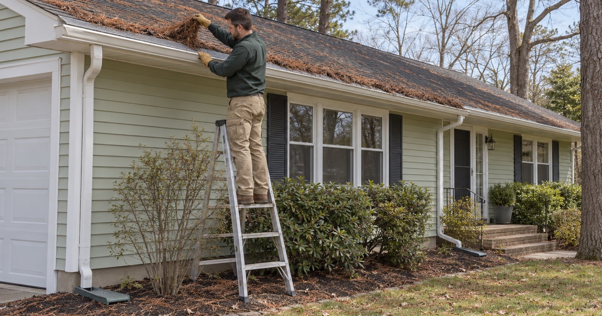 A mat of pine needles being lifted off the top of a gutter guard on a Howell ranch, the gutter underneath still clear.