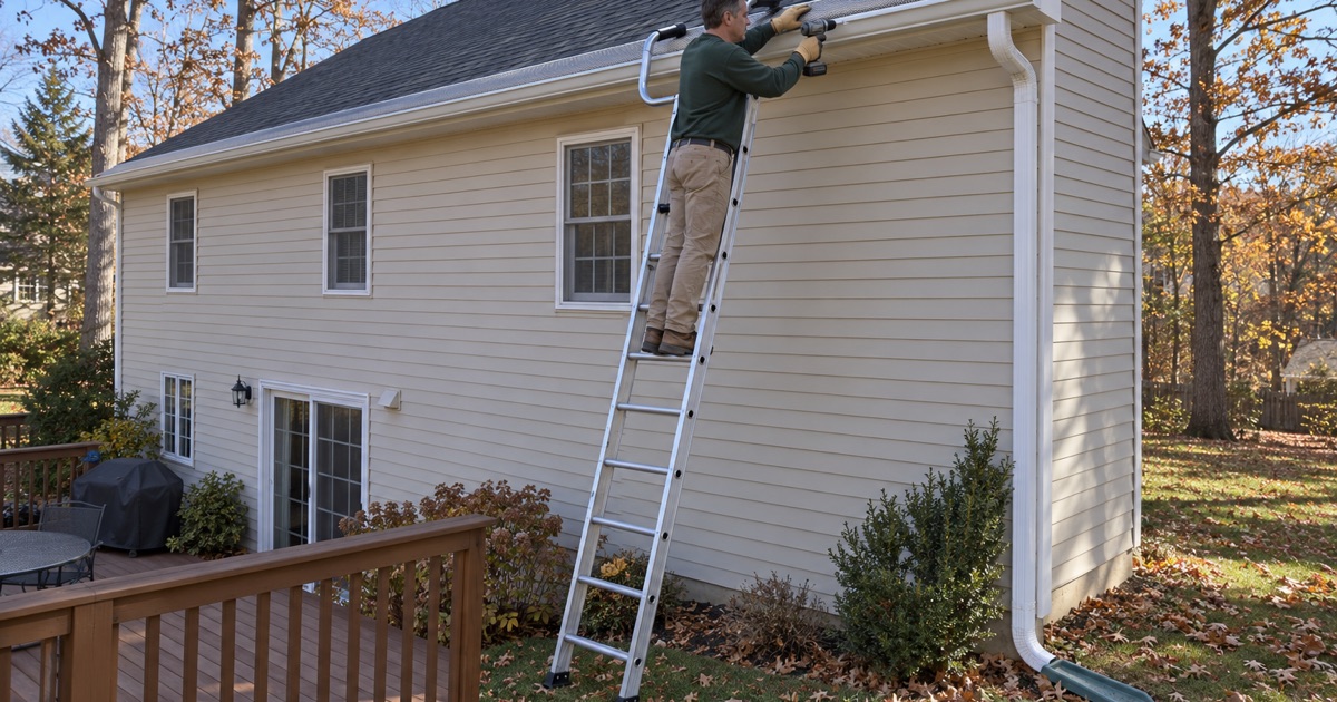 A stainless mesh gutter guard panel being fastened to the front lip of an oak-shaded gutter in Howell.
