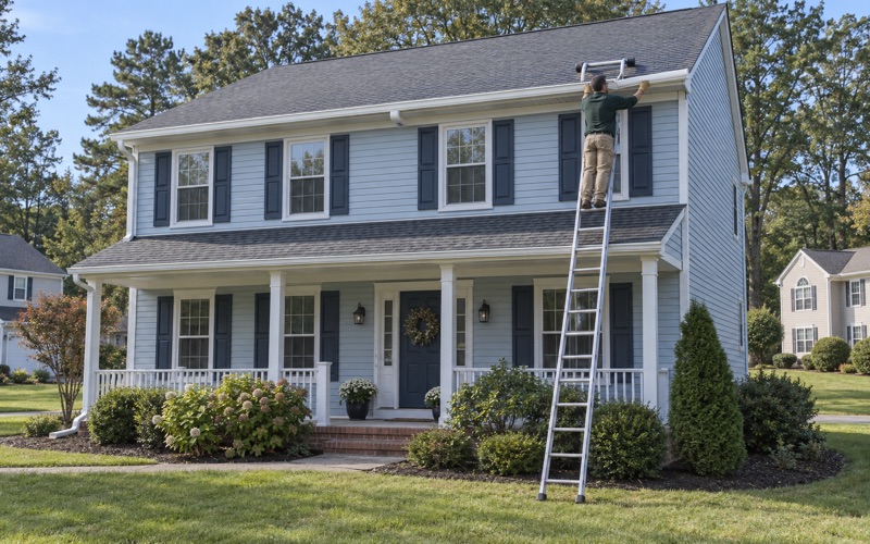 A new seamless gutter being seated into its hidden hangers along the second-story eave of a Howell colonial.