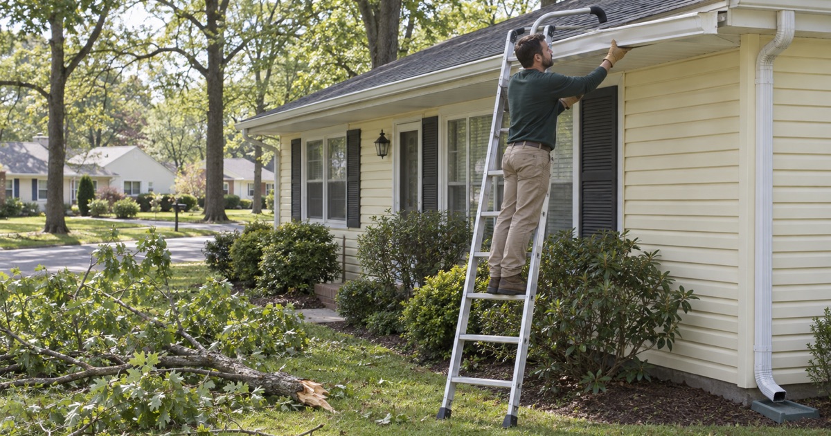 A gutter pulled loose by a fallen oak limb being lifted back to the fascia on a Howell ranch.