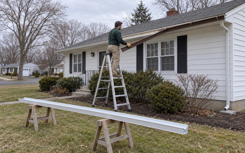 An old spiked gutter being lowered from a Howell ranch, its seamless replacement waiting on sawhorses on the lawn.