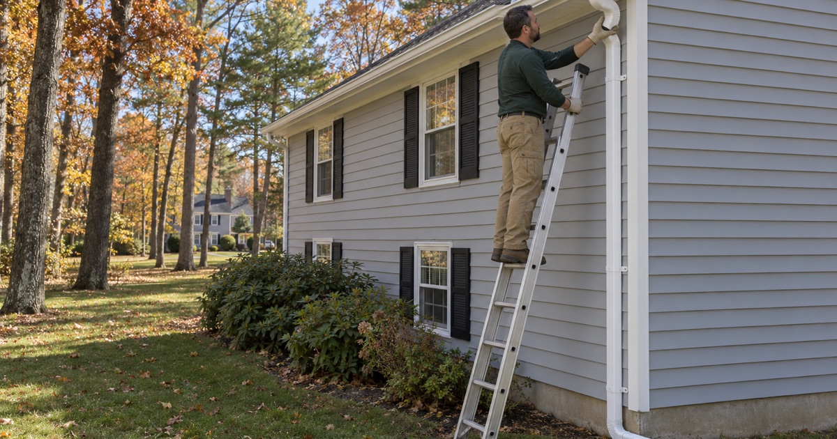 A gutter installer fitting the top elbow of a new downspout under the eave of a 1980s colonial on a wooded lot in Howell.