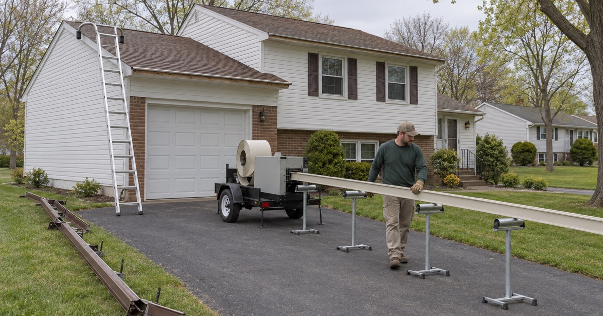 A new seamless gutter length coming out of a forming machine in the driveway of a Howell split-level, the old sectional gutter lying on the lawn.