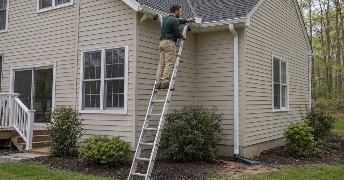 A splash guard being set at the inside corner of a Howell colonial’s gutter, where roof valley water overshoots the trough.