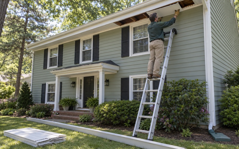 A new vinyl soffit panel being slid into place under the eave of a Howell colonial before its gutter goes back up.